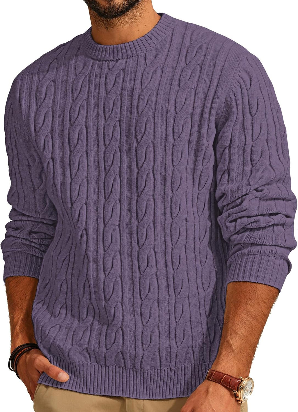 Men's Cable Knit Crewneck Sweater - Twist Textured Regular Fit Pullover in Solid Color for Business Casual Days - Large