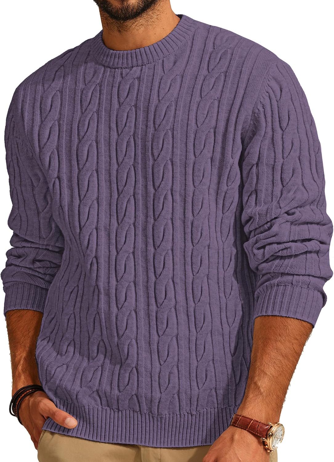 Men's Cable Knit Crewneck Sweater - Twist Textured Regular Fit Pullover in Solid Color for Business Casual Days - Large