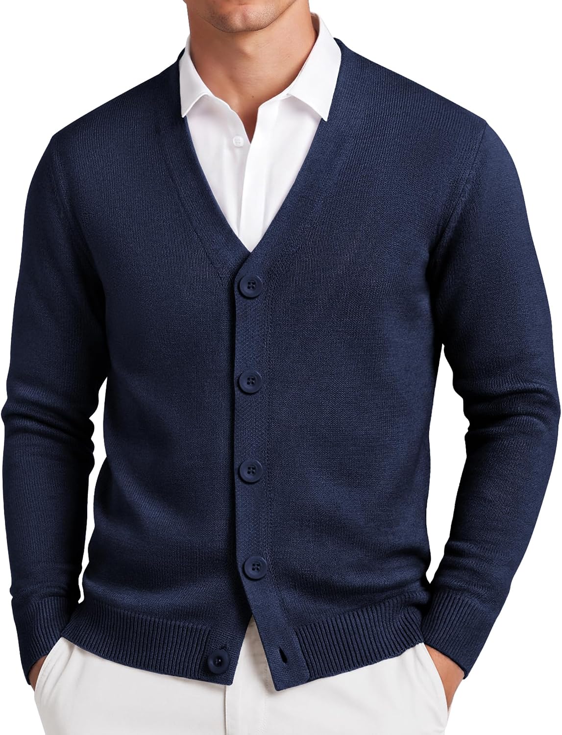 Men's Lightweight V Neck Knit Cardigan in Navy Blue