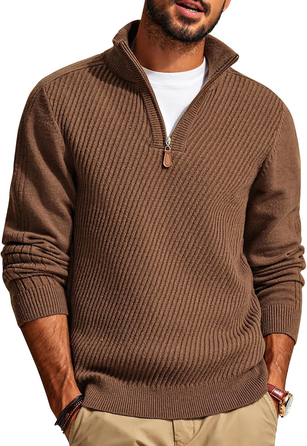 Men's Textured Knit Half Zip Pullover - Mock Neck Slim Fit Lightweight Sweater for Office, Church and Travel - Small