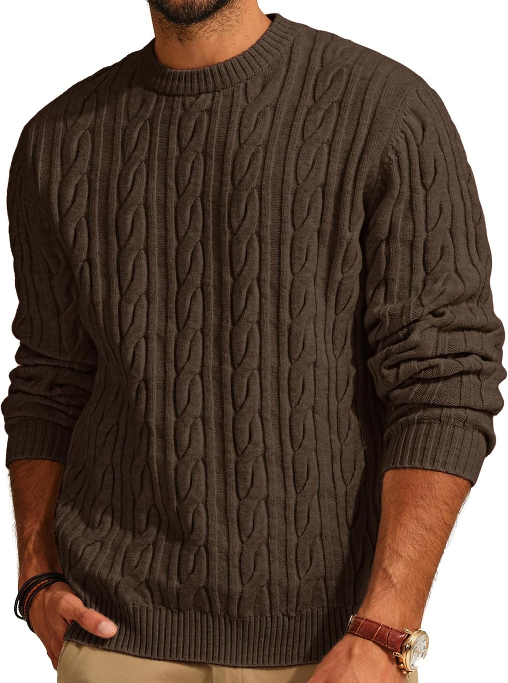Men's Cable Knit Crewneck Sweater - Twist Textured Regular Fit Pullover in Solid Color for Business Casual Days - Large