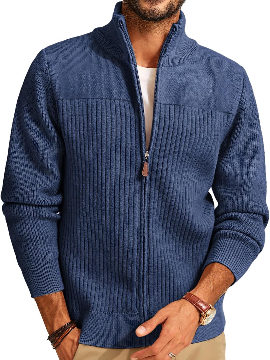Men's Heavyweight Ribbed Knit Full Zip Cardigan - Stand Collar Regular Fit for Cold Mornings and Camp Trips - Small