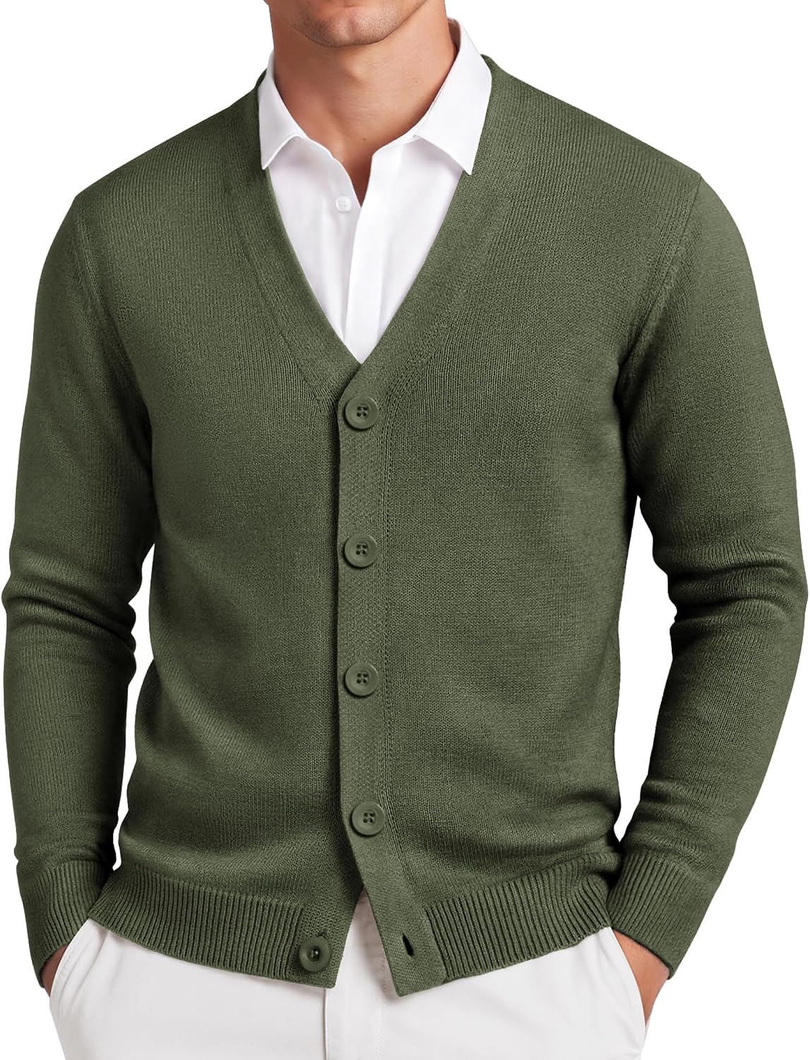 Men's Lightweight V Neck Knit Cardigan in Army Green