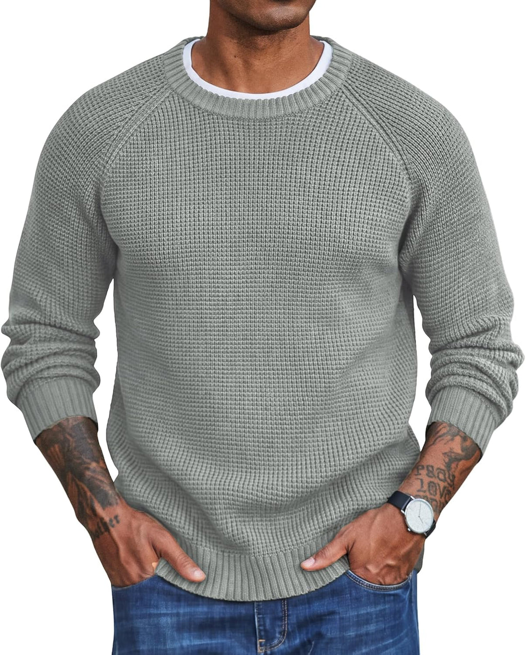 Men's Thick Waffle Knit Crewneck Sweater - Raglan Long Sleeve Stretch Pullover for Cold Weather Layering - Small