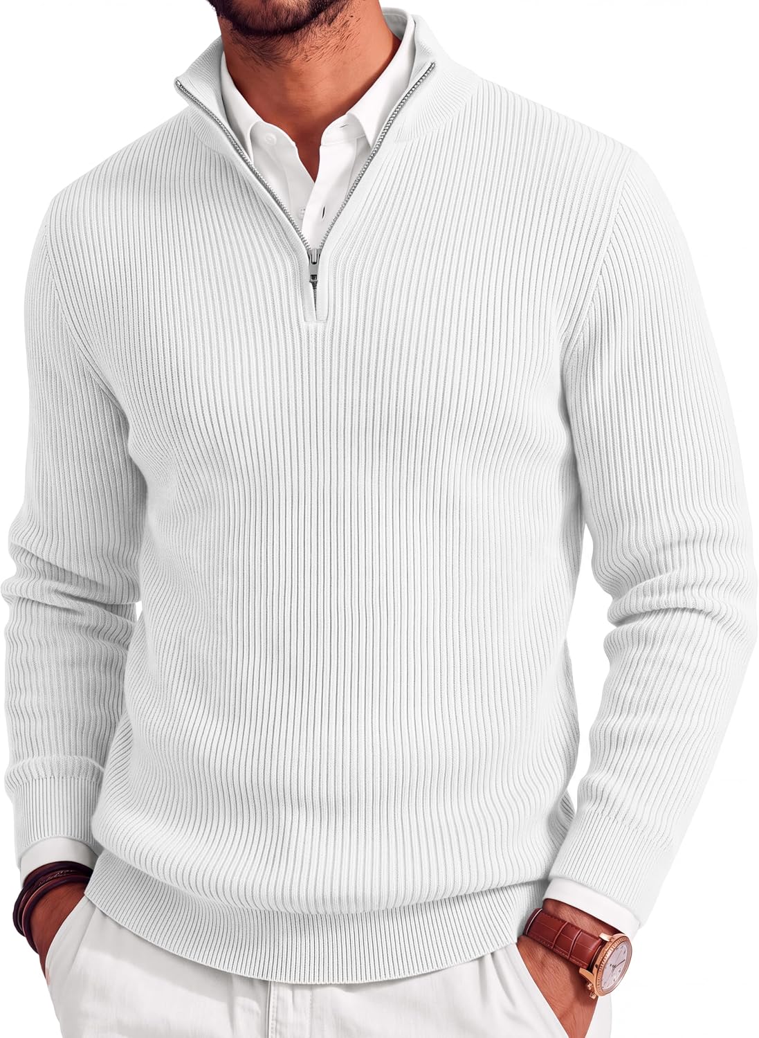 Men's Lightweight Ribbed Knit Quarter Zip Pullover - Slim Fit Mock Neck in Solid Color for Golf and Travel - Large