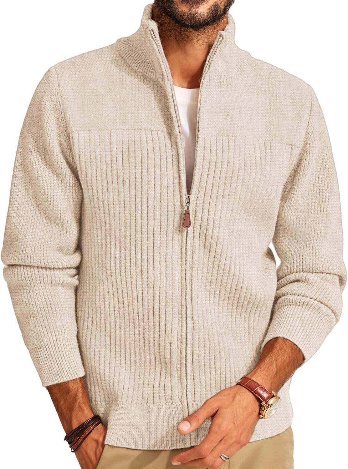 Men's Heavyweight Ribbed Knit Full Zip Cardigan - Stand Collar Regular Fit for Cold Mornings and Camp Trips - Small