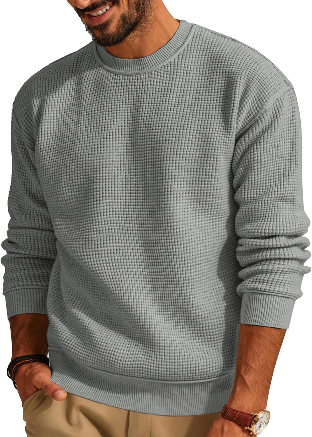 Men's Waffle Knit Crewneck Sweater in Light Gray