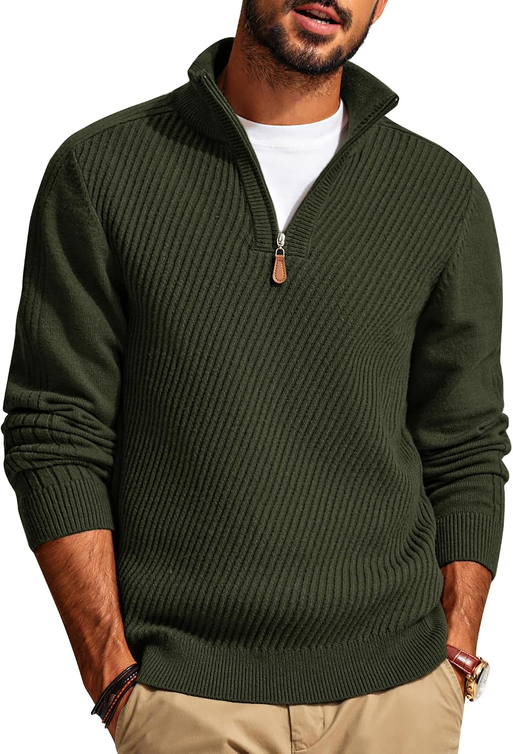 Men's Textured Knit Half Zip Pullover - Mock Neck Slim Fit Lightweight Sweater for Office, Church and Travel - Medium