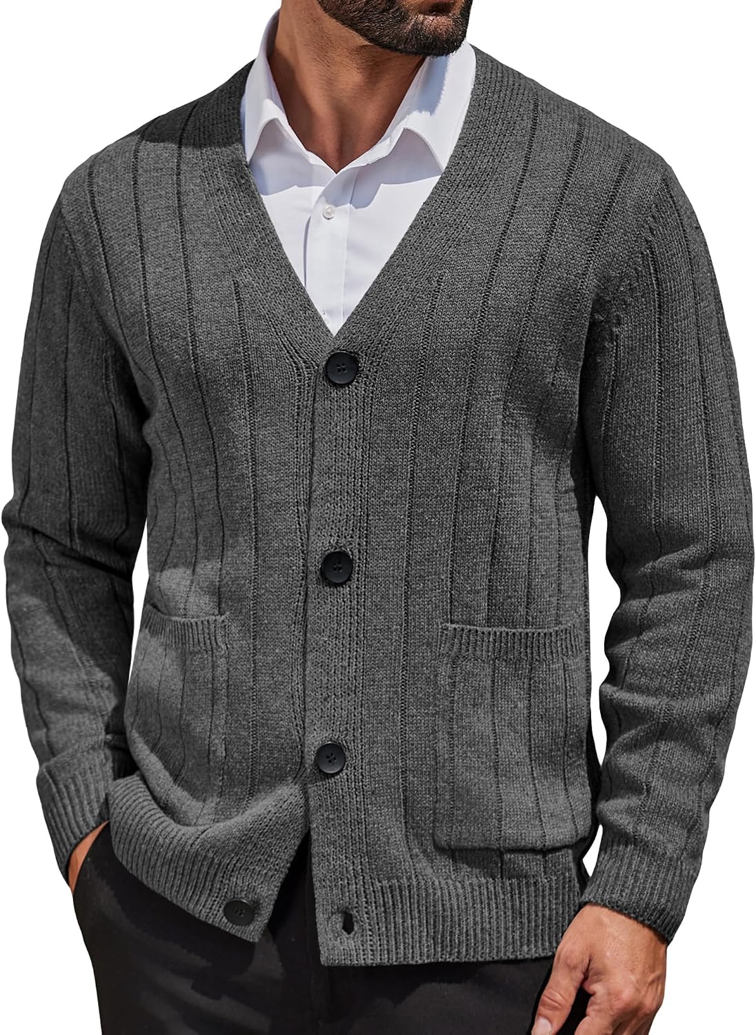 Men's Cable Knit V Neck Cardigan - Button Up Ribbed Sweater with Front Pockets for Everyday Winter Layering - Medium