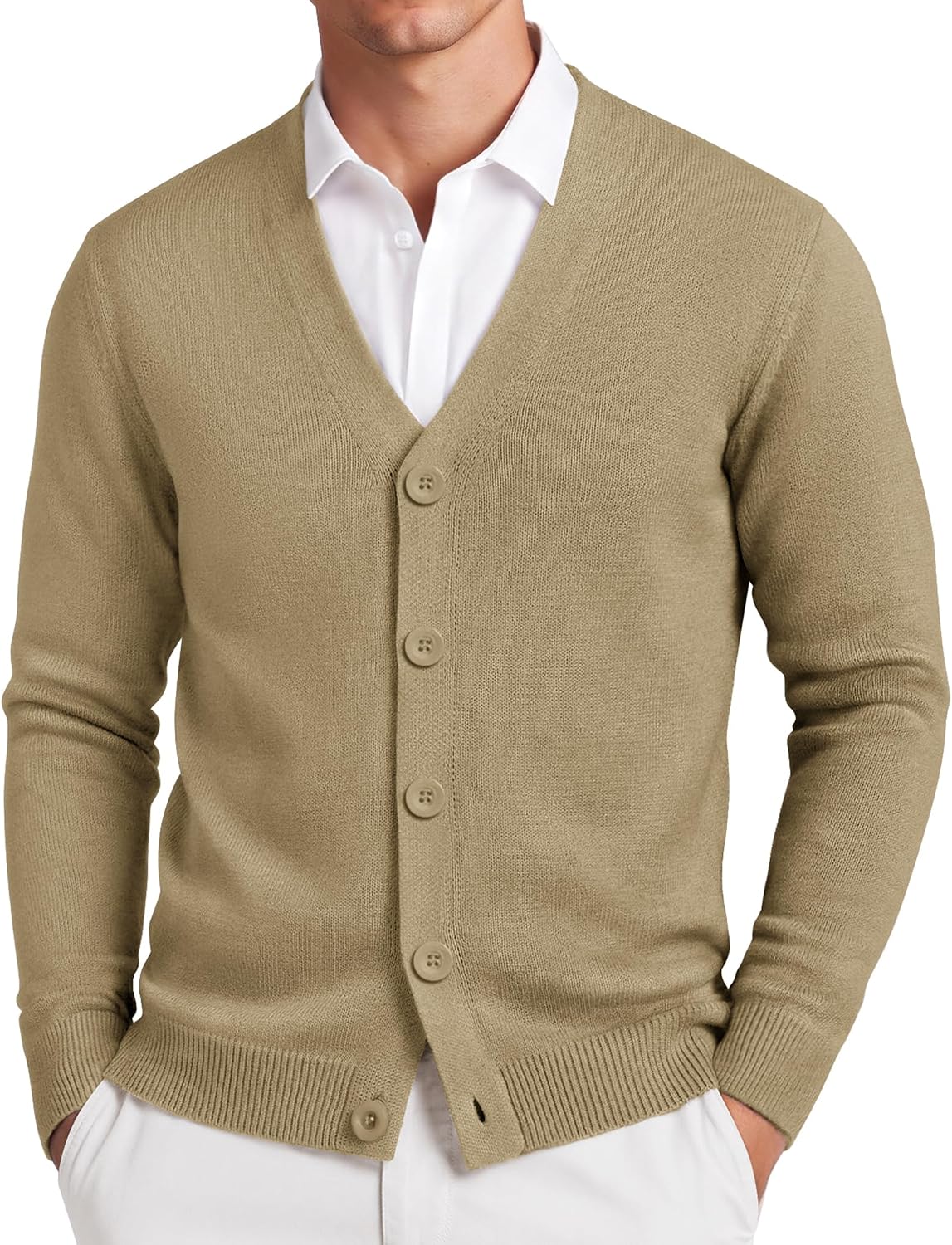 Men's Lightweight V Neck Knit Cardigan in Khaki