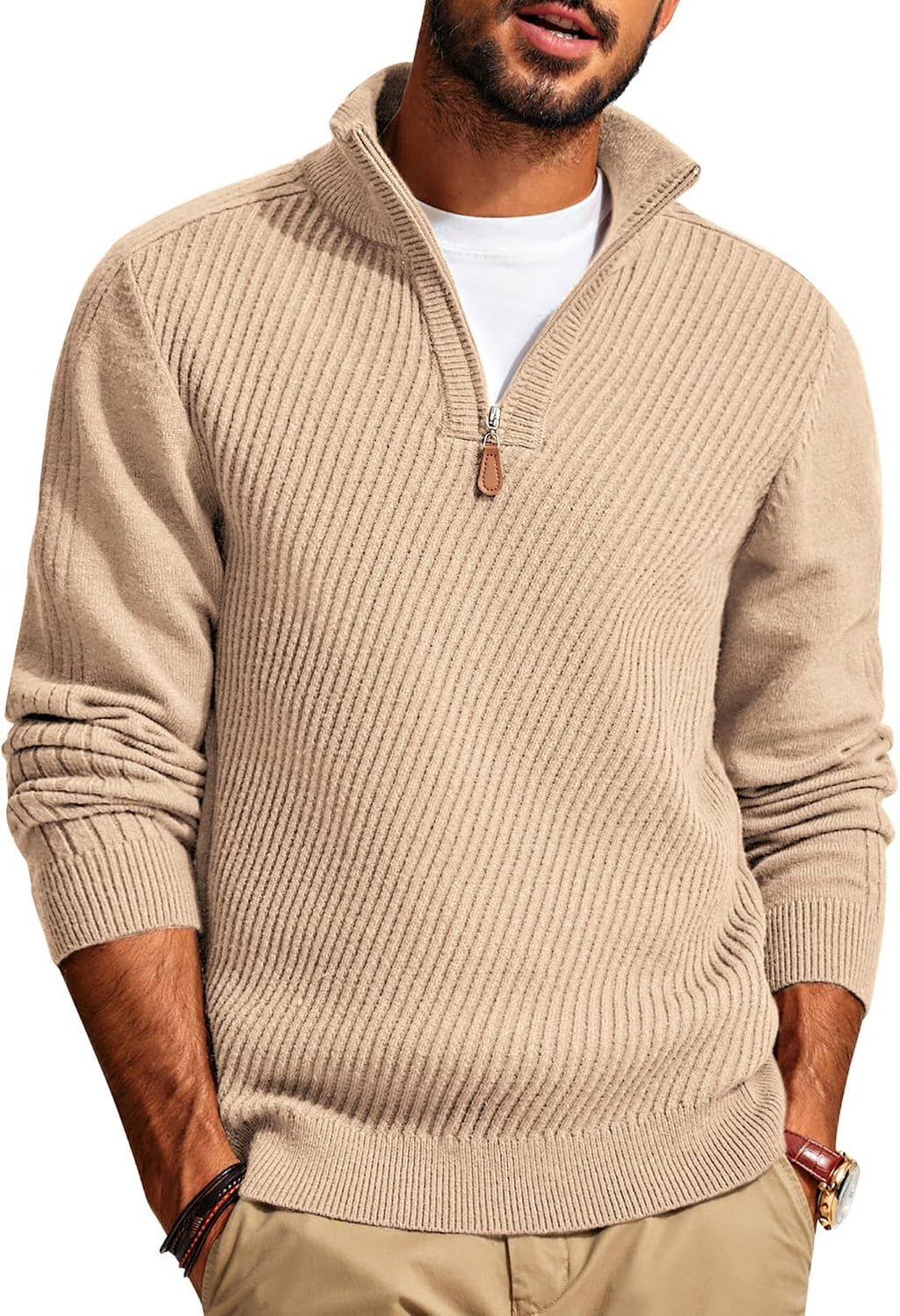 Men's Textured Knit Half Zip Pullover - Mock Neck Slim Fit Lightweight Sweater for Office, Church and Travel - Medium