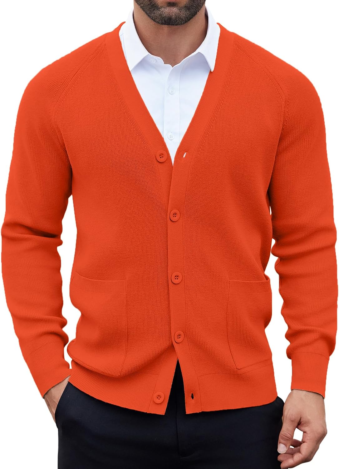 Men's Lightweight V Neck Button Cardigan - Long Sleeve Knit with Front Pockets for Weekends and Office Days - Black