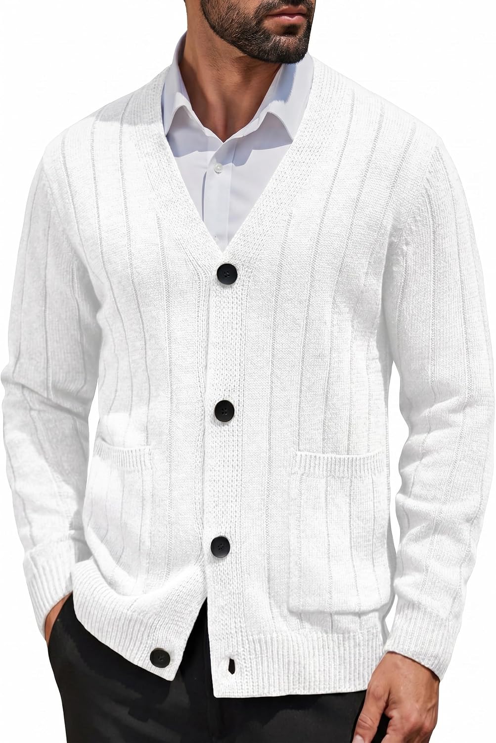 Men's Cable Knit V Neck Cardigan - Button Up Ribbed Sweater with Front Pockets for Everyday Winter Layering - Medium