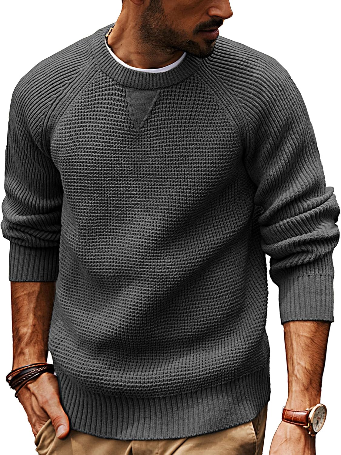 Men's Waffle Knit Crewneck Pullover in Dark Grey