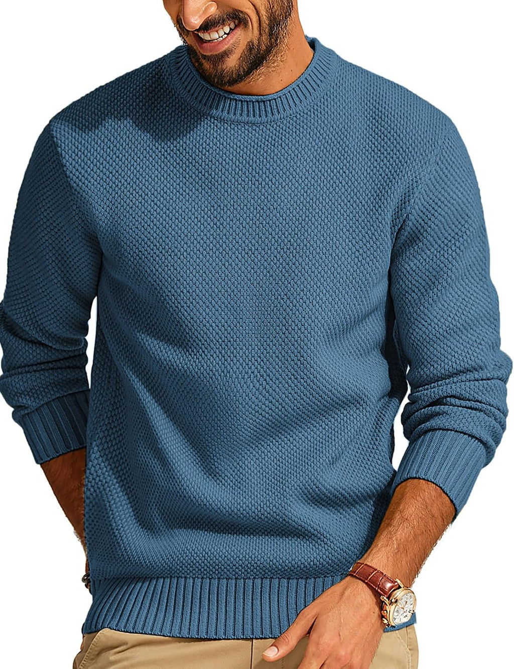 Men's Textured Waffle Knit Crewneck Sweater - Mid Weight Stretch Pullover with Regular Fit for Cold Days - Medium