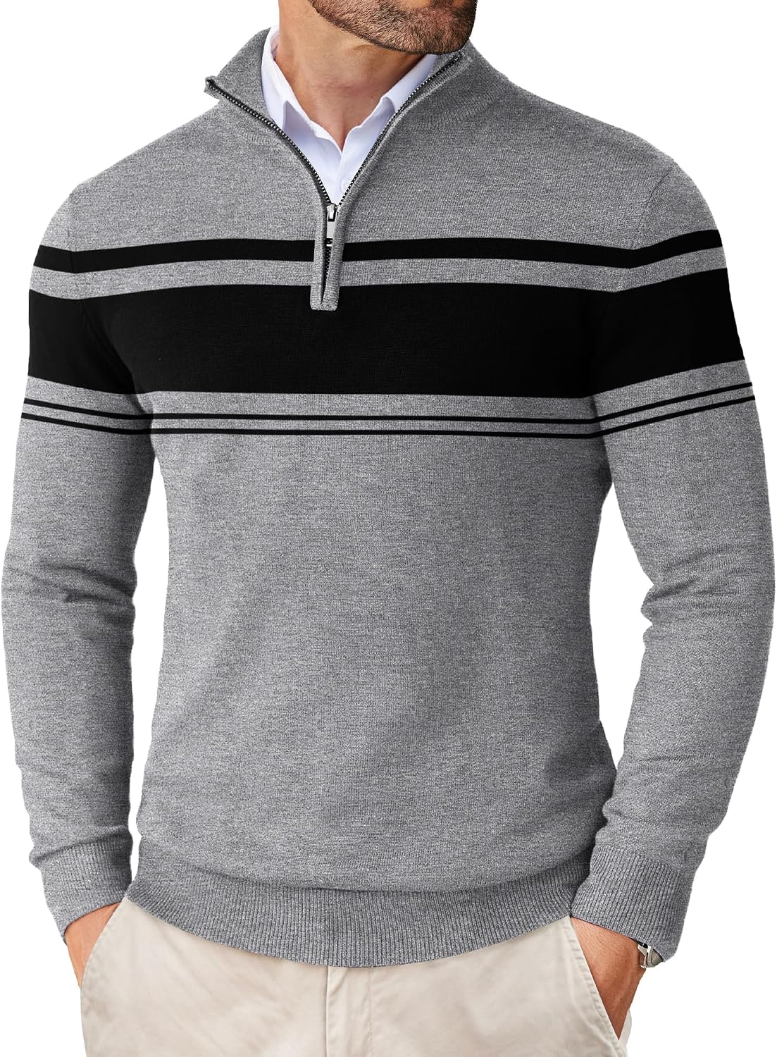 Men's Lightweight Knit Quarter Zip Pullover - Slim Fit Mock Neck with Metal Zipper Pull for Fall Office Days - Medium