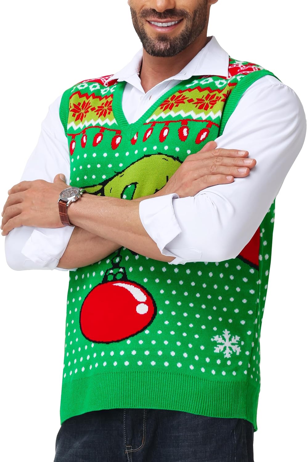 Men's Christmas Sweater Vest - V Neck Sleeveless Holiday Knit for Ugly Sweater Parties and Winter Layering - Medium