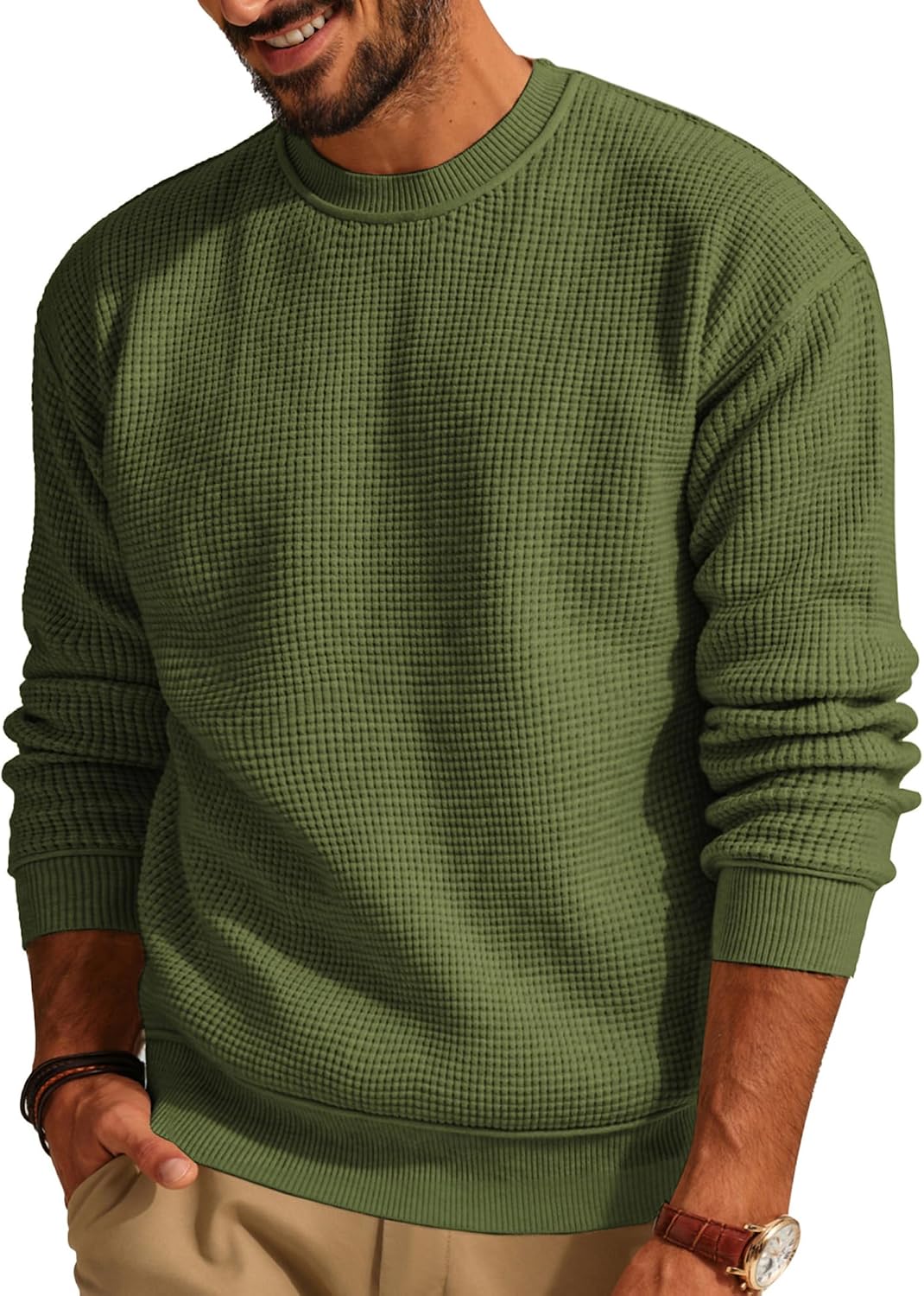 Men's Waffle Knit Crewneck Sweater in Green