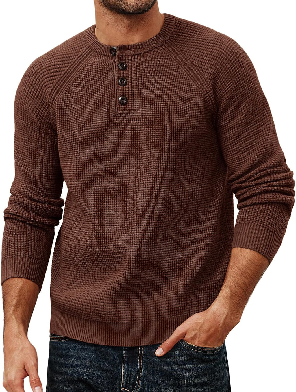 Men's Waffle Knit Henley Sweater - Textured Long Sleeve Pullover with Button Placket for Fall Layering - Small