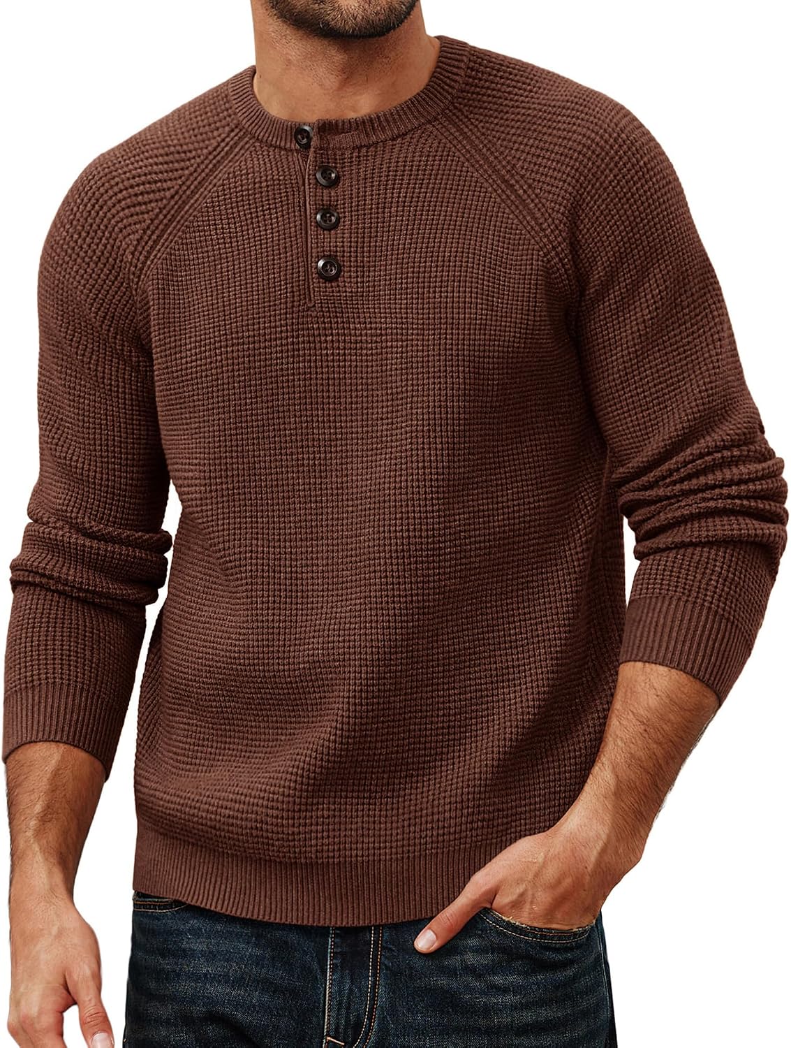 Men's Waffle Knit Henley Sweater - Textured Long Sleeve Pullover with Button Placket for Fall Layering - Small