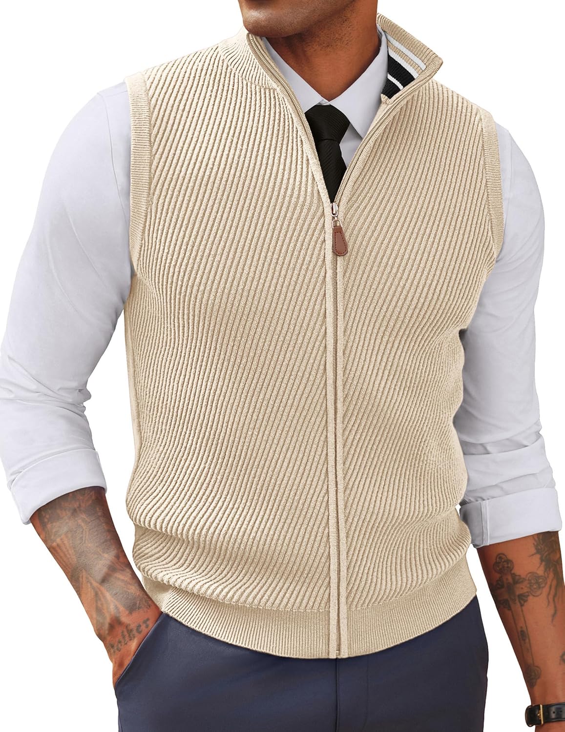 Men's Full Zip Sweater Vest - Mock Neck Twill Knit Sleeveless Layer in a Regular Fit for Fall and Winter - Small