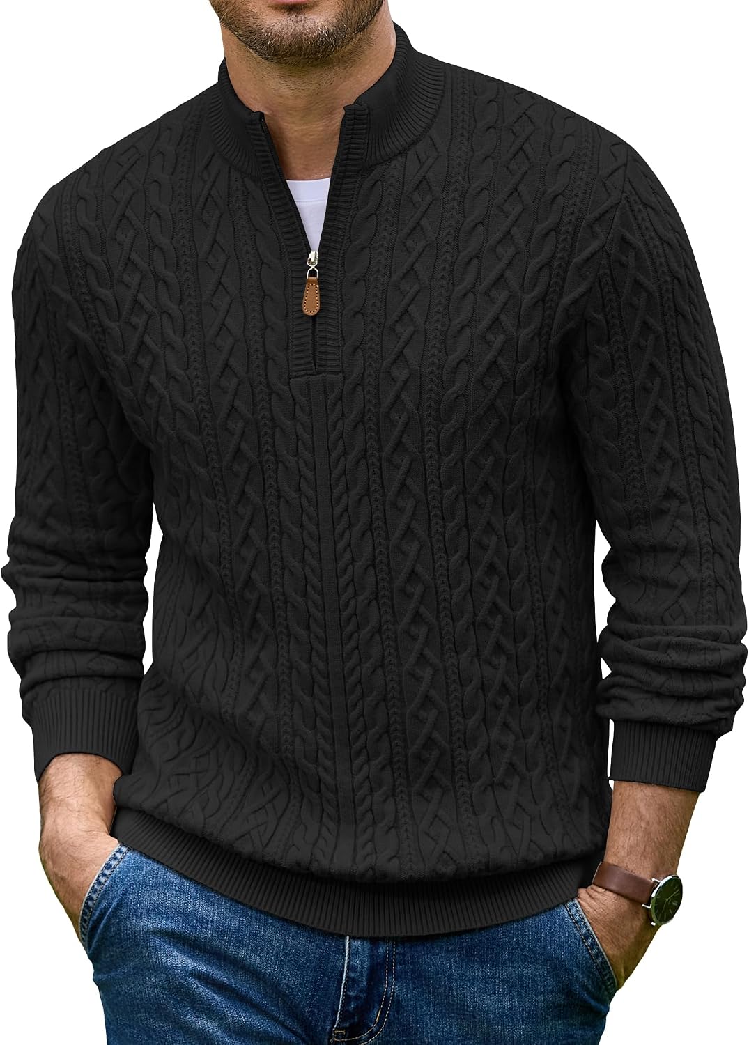 Men's Cable Knit Quarter Zip Sweater - Twist Textured Mock Neck in Heavyweight Stretch Knit for Cold Days - Small
