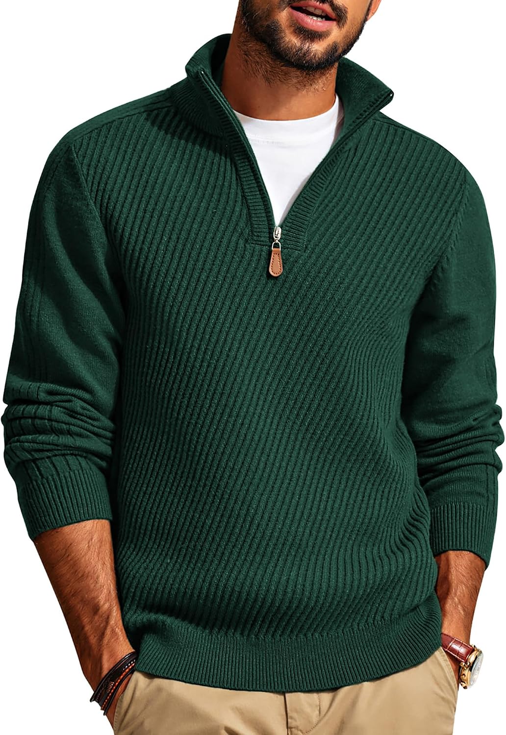 Men's Textured Knit Half Zip Pullover - Mock Neck Slim Fit Lightweight Sweater for Office, Church and Travel - Large