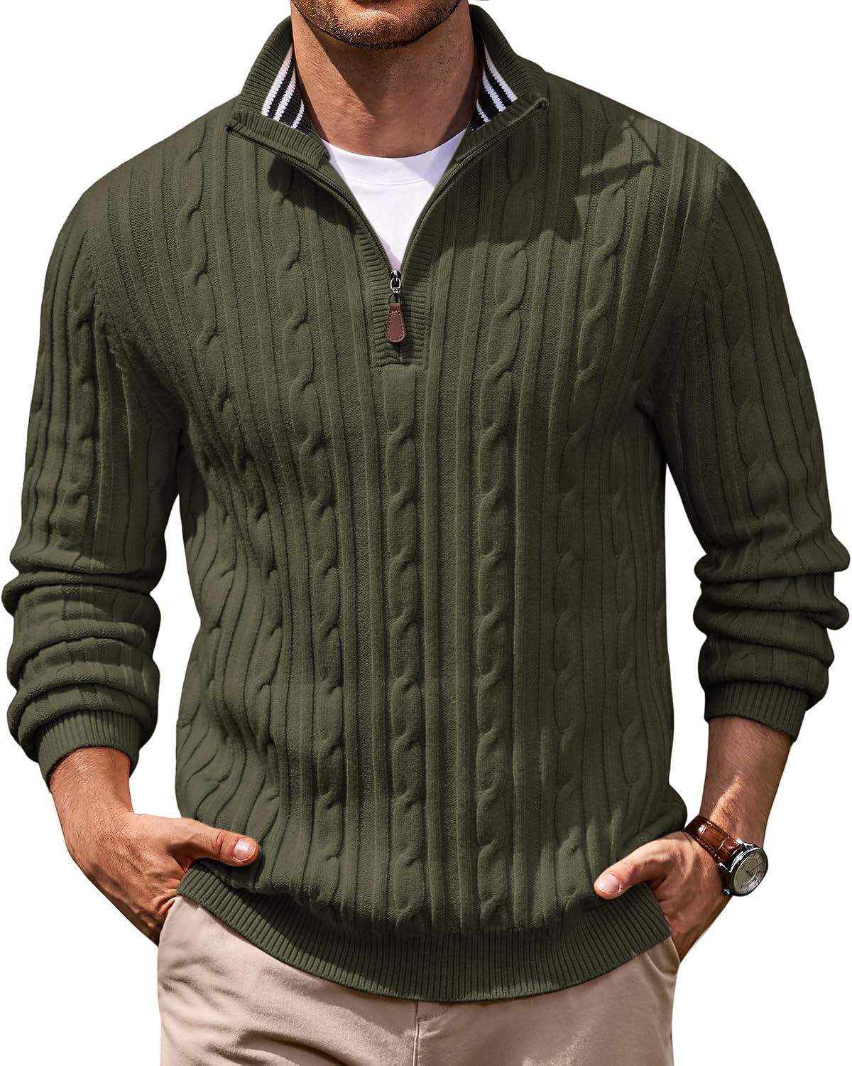 Men's Cable Knit Quarter Zip Sweater - Mock Neck Collar with Textured Cable Panels for Business Layering - Small