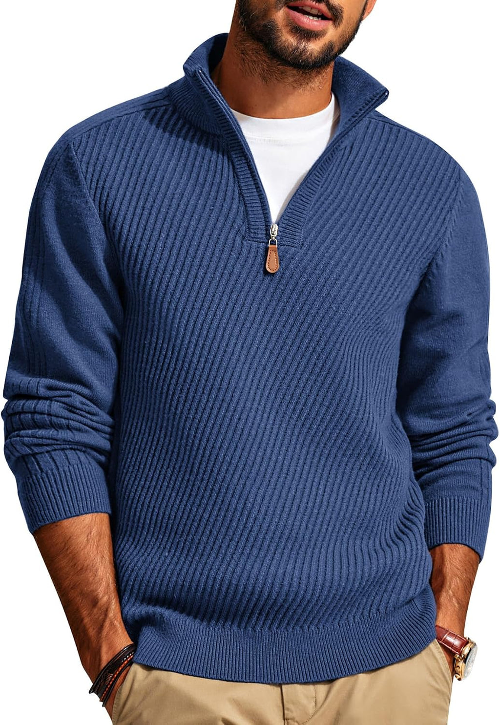 Men's Textured Knit Half Zip Pullover - Mock Neck Slim Fit Lightweight Sweater for Office, Church and Travel - Medium