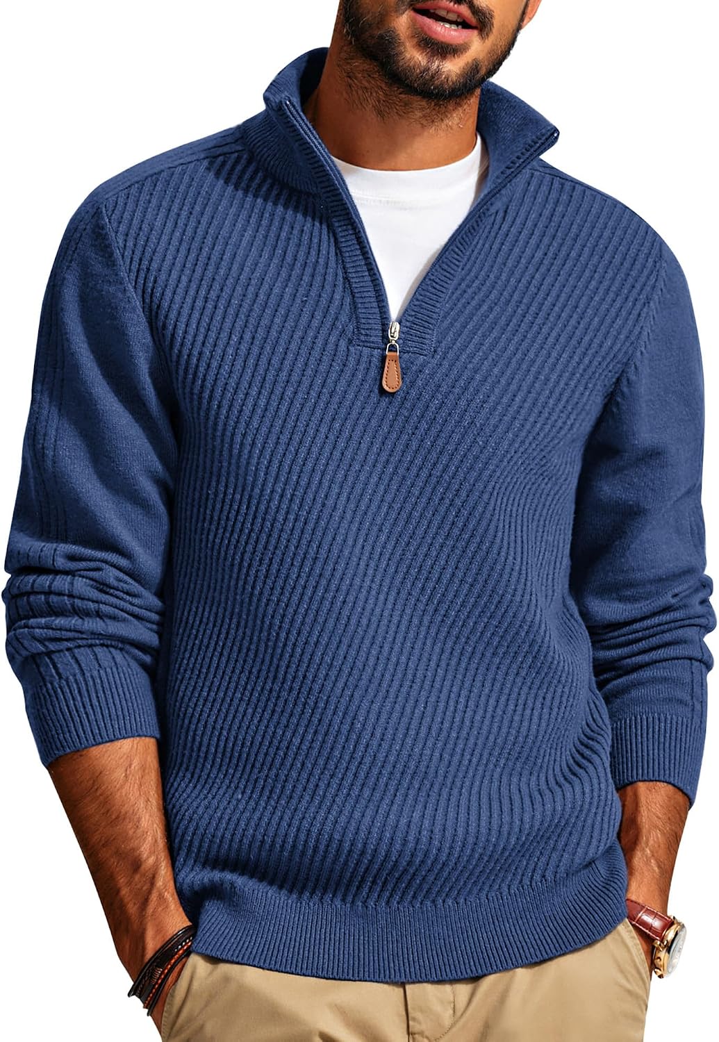 Men's Textured Knit Half Zip Pullover - Mock Neck Slim Fit Lightweight Sweater for Office, Church and Travel - Medium