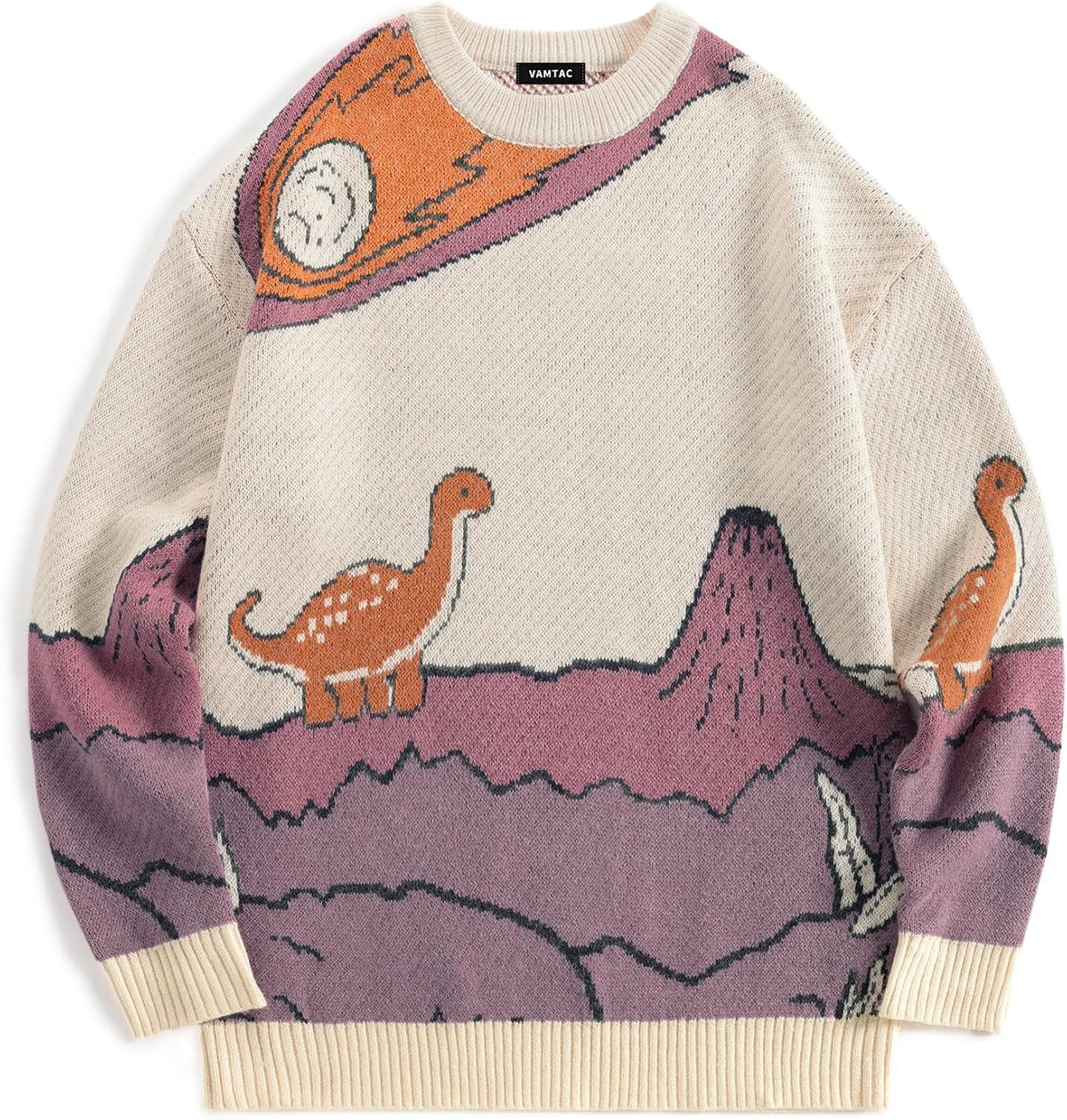 Men's Oversized Graphic Knit Sweater in Beige Dinosaur