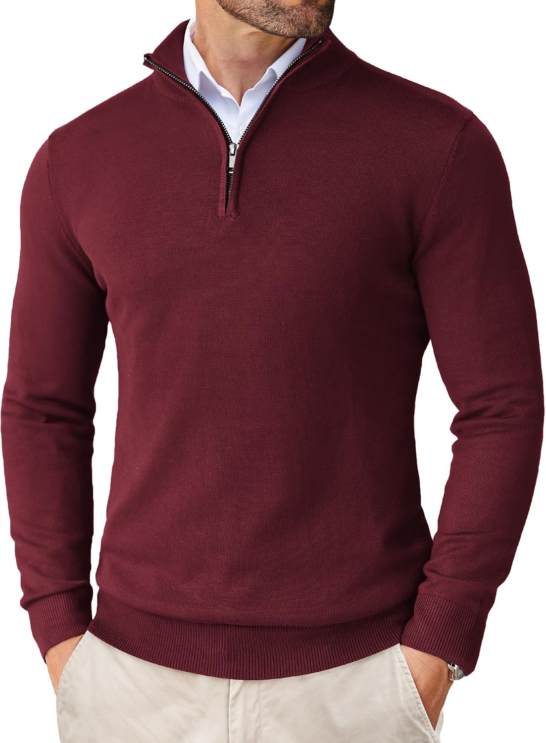 Men's Lightweight Knit Quarter Zip Pullover - Slim Fit Mock Neck with Metal Zipper Pull for Fall Office Days - Medium