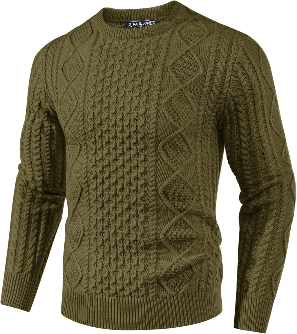 Men's Cable Knit Crewneck Sweater - Twist Textured Regular Fit Pullover in Solid Color for Business Casual Days - Large
