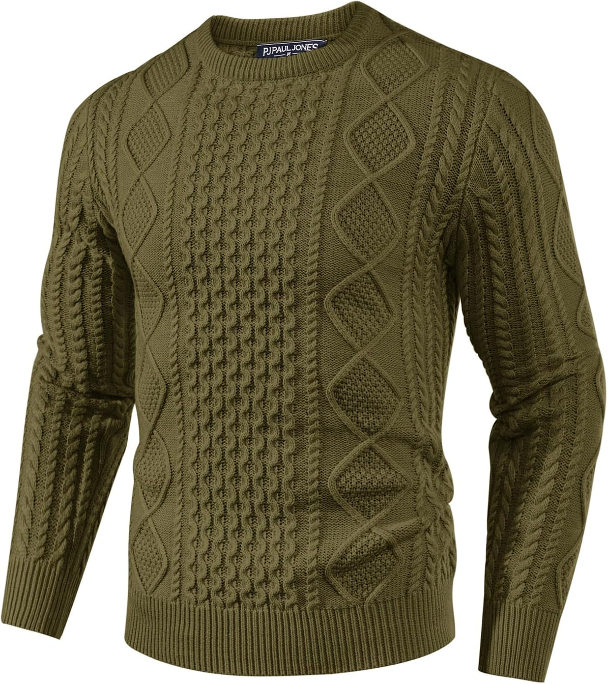 Men's Cable Knit Crewneck Sweater - Twist Textured Regular Fit Pullover in Solid Color for Business Casual Days - Large