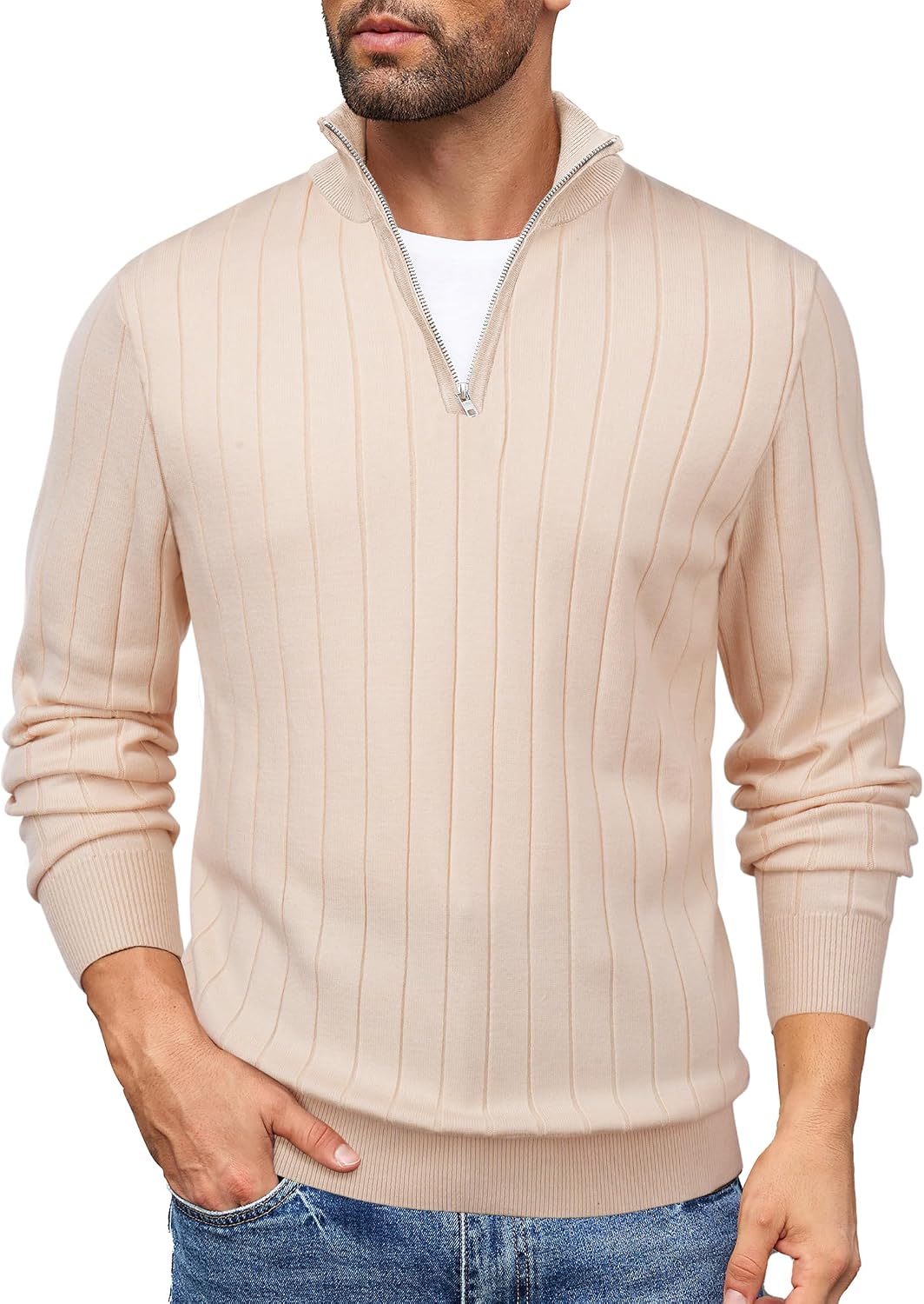 Men's Lightweight Ribbed Knit Quarter Zip Pullover - Slim Fit Mock Neck in Solid Color for Golf and Travel - Medium