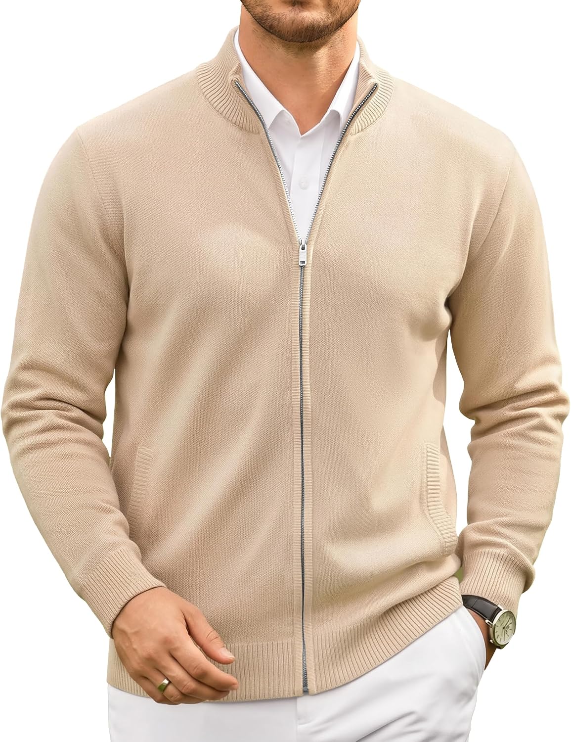 Men's Fair Isle Full Zip Cardigan - Mock Neck Knitwear with Two Slant Pockets and Relaxed Fit for Winter - Small