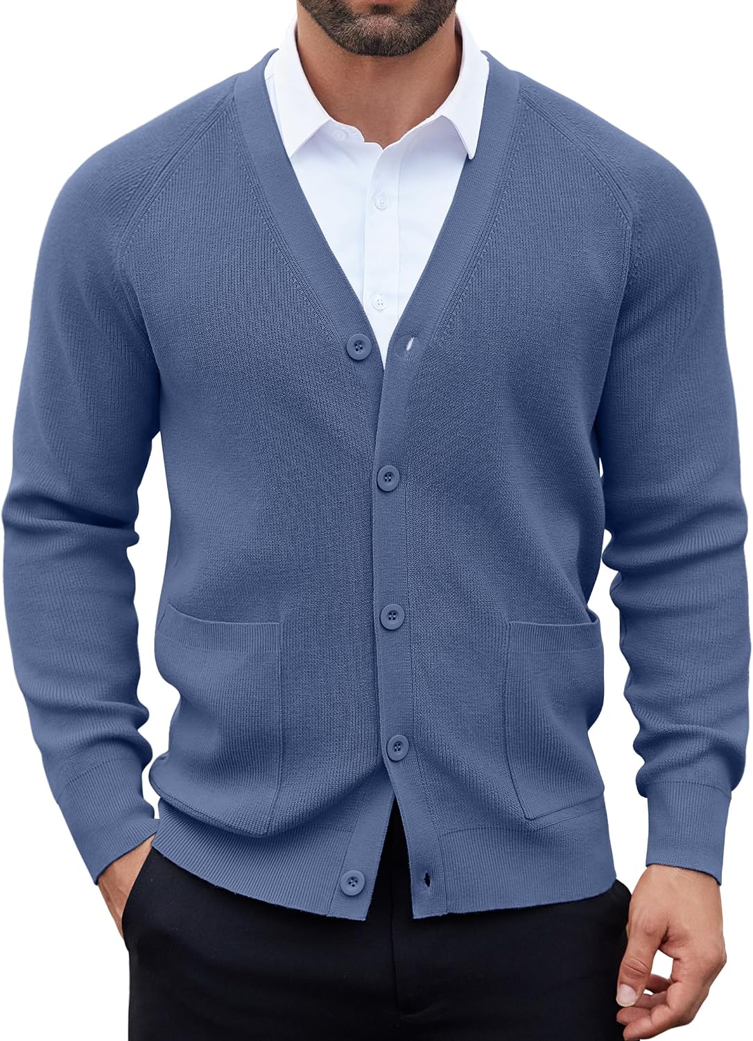 Men's Lightweight V Neck Button Cardigan - Long Sleeve Knit with Front Pockets for Weekends and Office Days - Black (10)