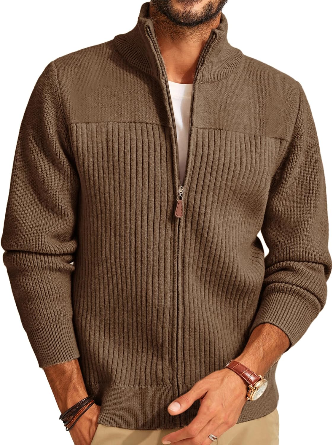 Men's Heavyweight Ribbed Knit Full Zip Cardigan - Stand Collar Regular Fit for Cold Mornings and Camp Trips - Medium