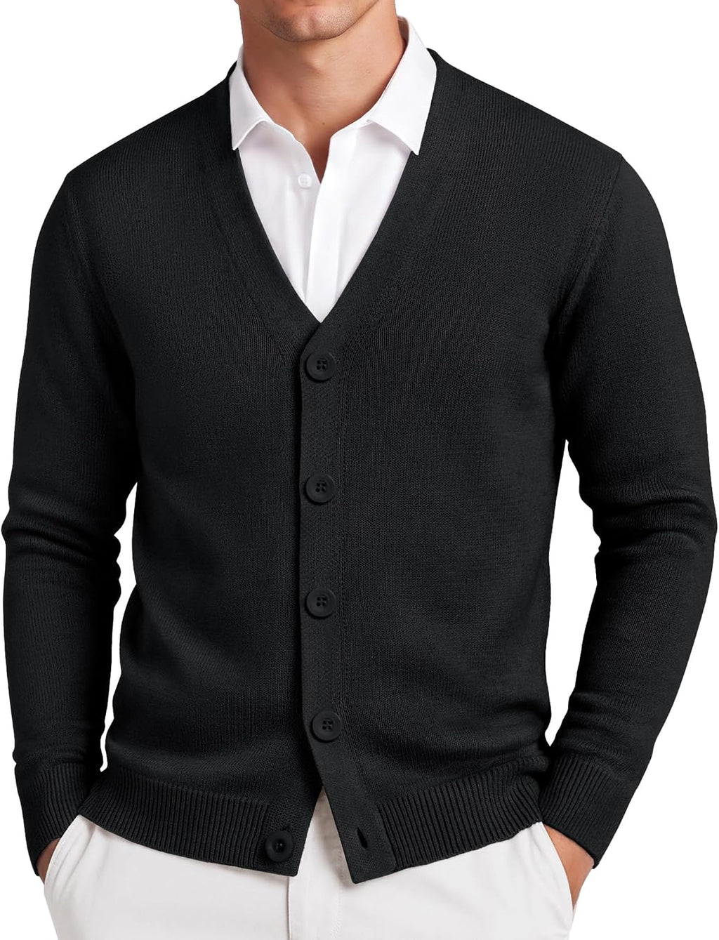 Men's Lightweight V Neck Knit Cardigan - Button Down with Ribbed Hem and Stretch for Dress and Office Wear - Small
