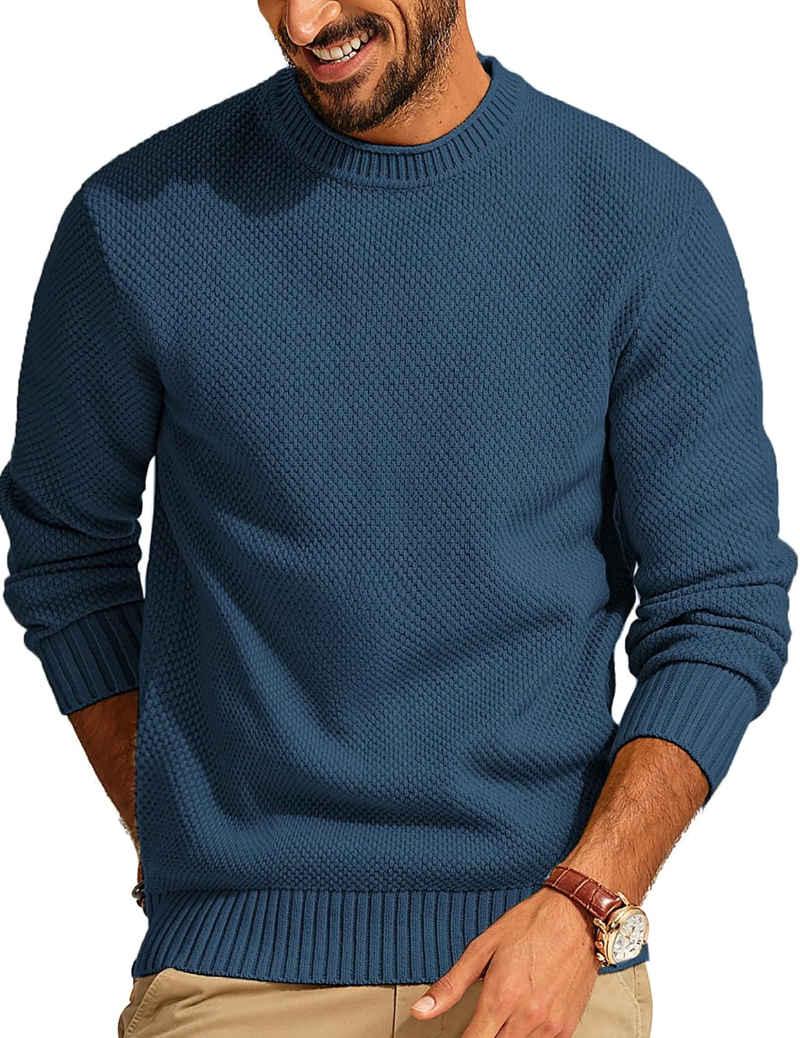 Men's Textured Waffle Knit Crewneck Sweater in Dark Blue