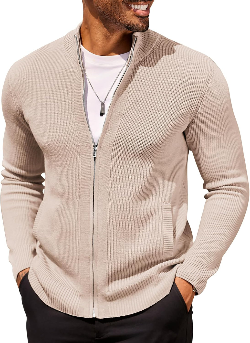 Men's Striped Knit Full Zip Cardigan - Slim Fit with Two Front Pockets and Ribbed Cuffs for Business Casual - Medium