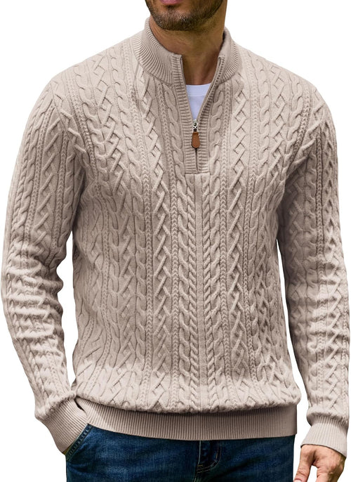 Men's Cable Knit Quarter Zip Sweater - Twist Textured Mock Neck in Heavyweight Stretch Knit for Cold Days - Small