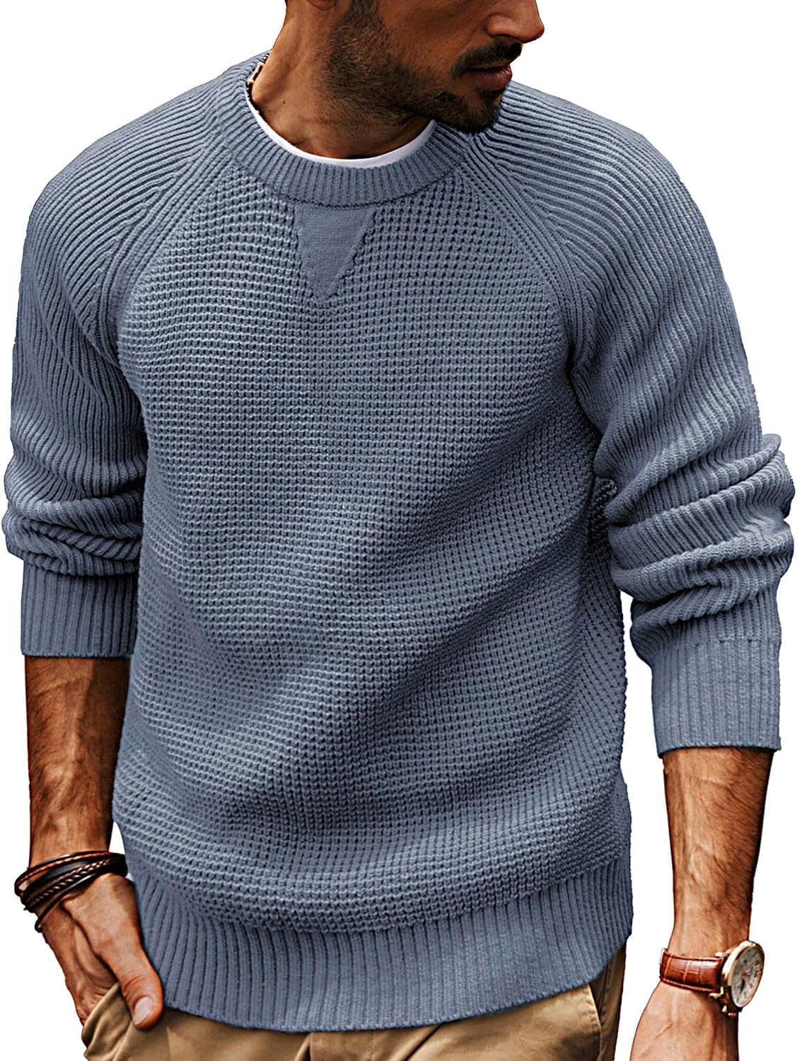 Men's Waffle Knit Crewneck Pullover in Blue Grey