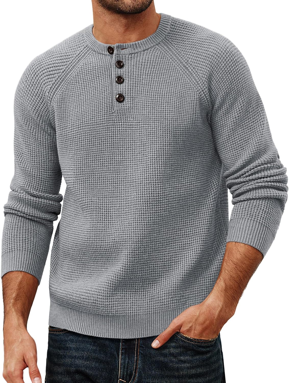 Men's Waffle Knit Henley Sweater in Light Grey