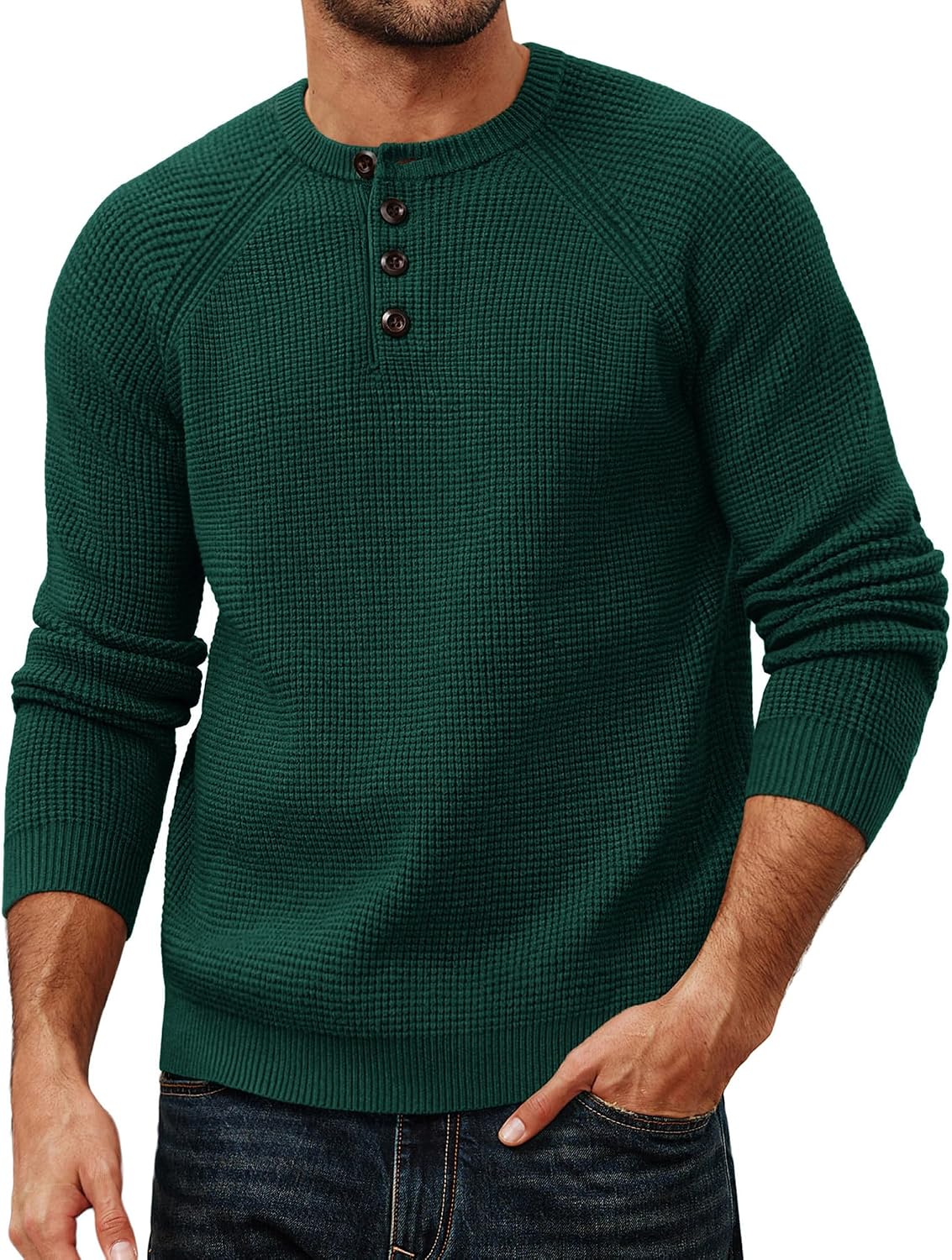 Men's Waffle Knit Henley Sweater - Textured Long Sleeve Pullover with Button Placket for Fall Layering - Medium