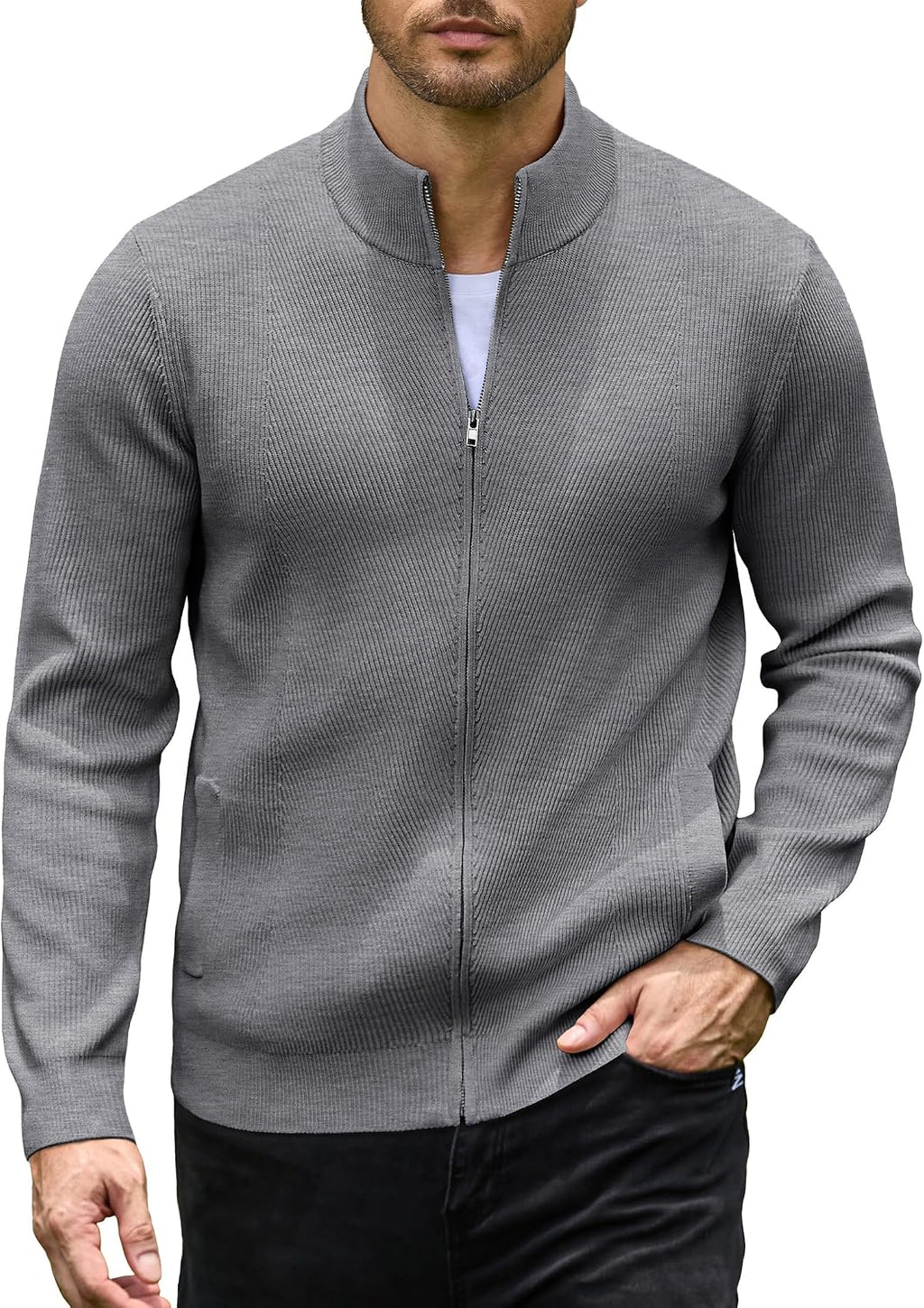 Men's Textured Knit Zip Up Cardigan - Stand Collar with Two Deep Slant Pockets for Office Days and Cool Evenings - Small