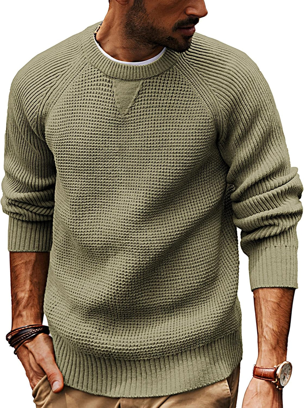 Men's Waffle Knit Crewneck Pullover - Loose Fit Raglan Sleeve Stretch Sweater for Daily and Holiday Wear - Small