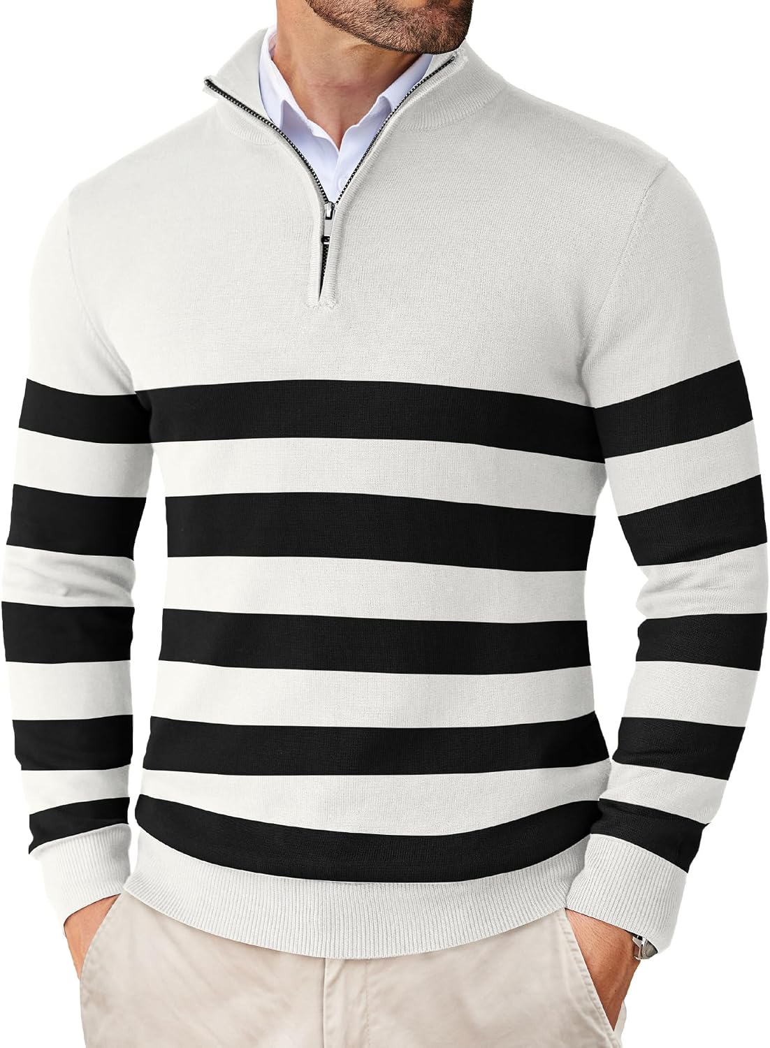Men's Lightweight Knit Quarter Zip Pullover - Slim Fit Mock Neck with Metal Zipper Pull for Fall Office Days - Large (30