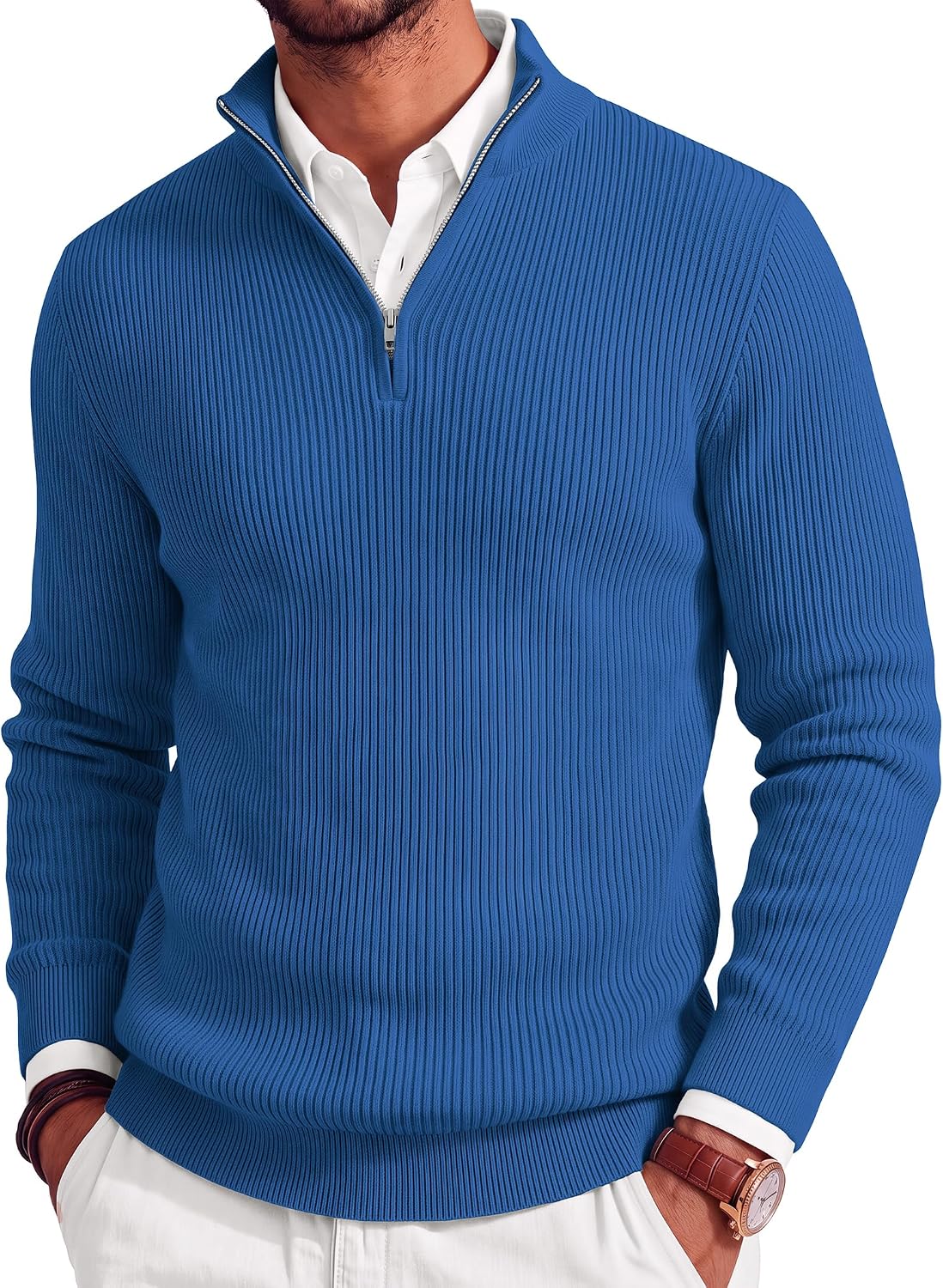 Men's Lightweight Ribbed Knit Quarter Zip Pullover - Slim Fit Mock Neck in Solid Color for Golf and Travel - Large