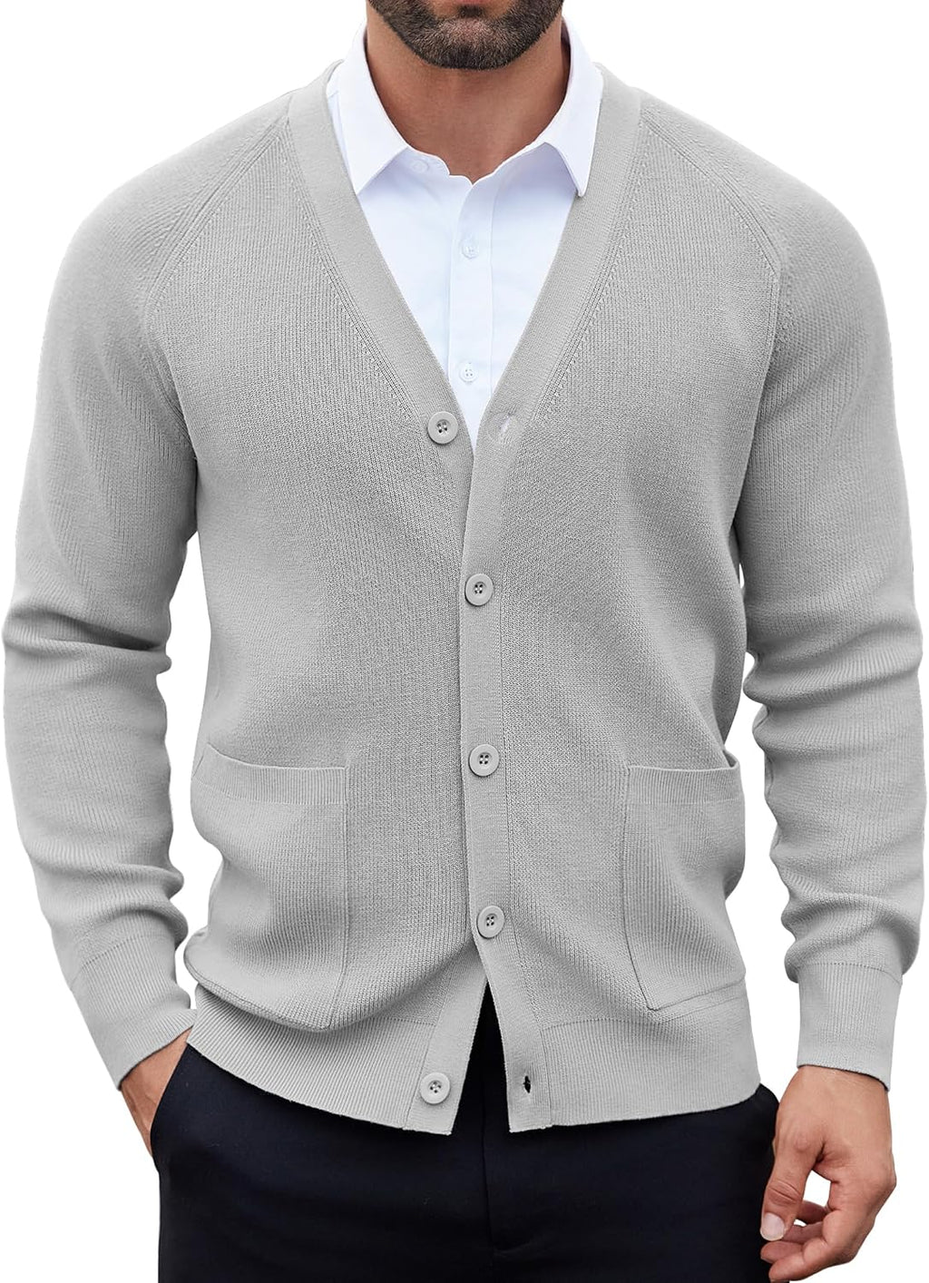 Men's Lightweight V Neck Button Cardigan - Long Sleeve Knit with Front Pockets for Weekends and Office Days - Black